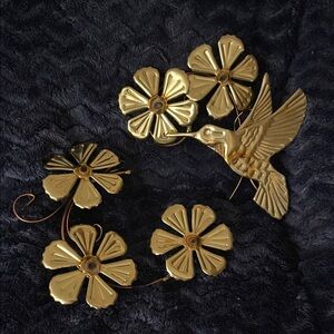Vintage MCM 2 Piece Hummingbird and Flowers Gold Toned 3D Metal Wall Decor